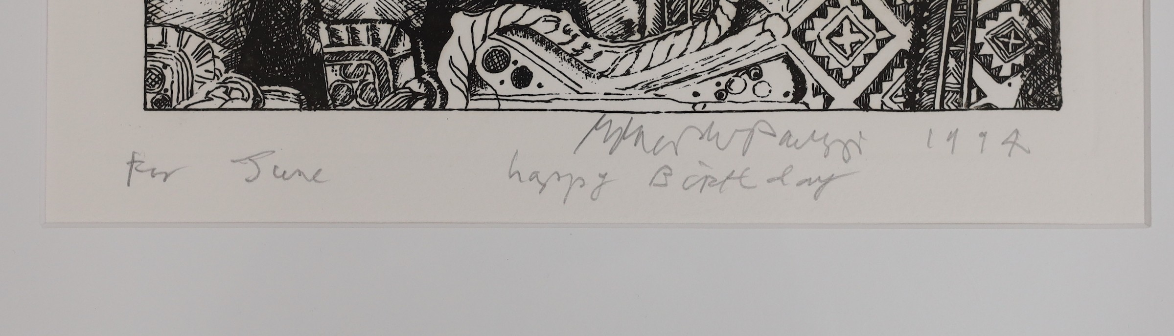 Eduardo Paolozzi (1924-2005), etching, 'Vita, Veritas Victoria, Hew Locke 2007', signed in pencil with presentation inscription 'To June' and dated 1994, overall 33 x 26cm